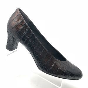 Stuart Weitzman Heel Women's 10 Tilting Pump Brown Croc Embossed Court Shoe